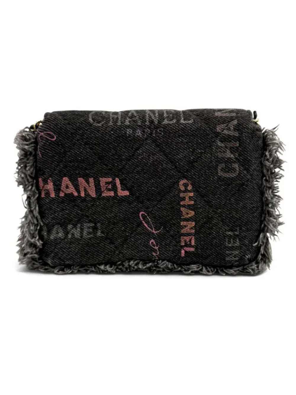 Chanel CC Logo Mini Quilted Denim Leather Chain Fringe Shoulder Bag Black